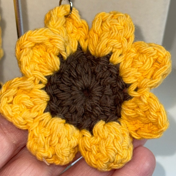 Sunflower Crochet Earrings Pierced w French Hooks Yellow & Brown - Picture 5 of 7